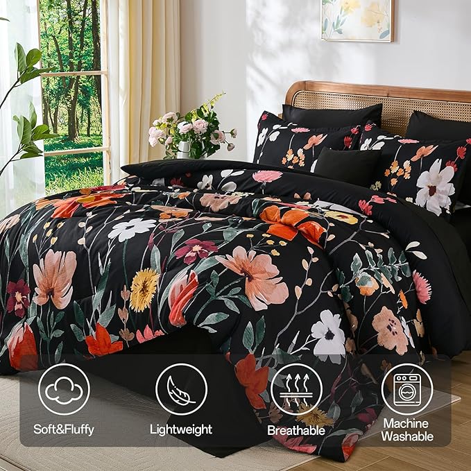 Anibedding 8Pieces Queen Comforter Set, Black Watercolor Floral Queen Size Bed in a Bag Comforter Set with Pillowcase, Sheets for All Season
