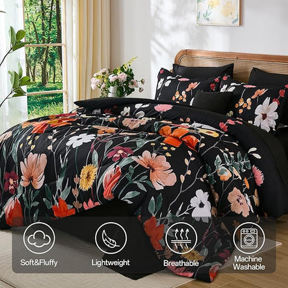 Anibedding 8Pieces Queen Comforter Set, Black Watercolor Floral Queen Size Bed in a Bag Comforter Set with Pillowcase, Sheets for All Season