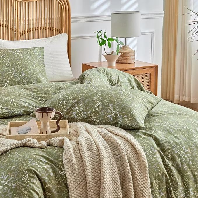 MKXI Vintage Style Comforter Set Full Size Wildflower Comforter Set Floral Bedding Set Green Floral Duvet Comforter Microfiber Bed Set Soft Reversible Farmhouse Comforter Army Green