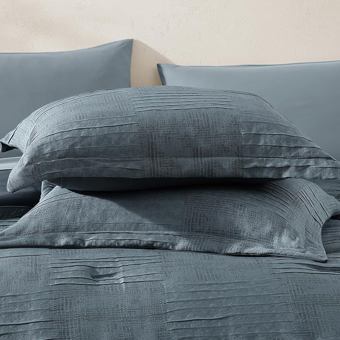 MaiRêve Queen Comforter Set Dusty Blue, Textured Design Crinkle Bedding Sets 7 Pieces, All Season Bed in A Bag with Comforter, Sheets, Pillowcases & Shams