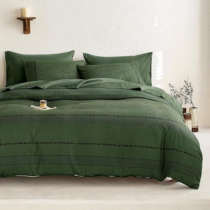 Wake In Cloud - Boho Comforter Set, Farmhouse Bohemian Western Aztec Neutral Aesthetic, Soft Lightweight Bedding, 3 Pieces, Dark Olive Green, Full Size