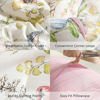 White Floral Cotton Comforter Queen Size - 3PC Lightweight Bedding Sets with Soft Fill, Vibrant Garden Botanical Patterns, Petal Pink Reversible Design with Feminine Elegance