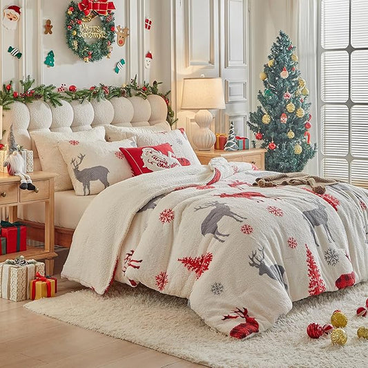 Christmas Sherpa Comforter Set Queen Size 3 Pieces Holiday Winter Bedding Microfiber Warm Fleece Comforter with 2 Pillow Shams - Thanksgiving New Year Gift Choice with Red Snowflake Gray Xmas Deer