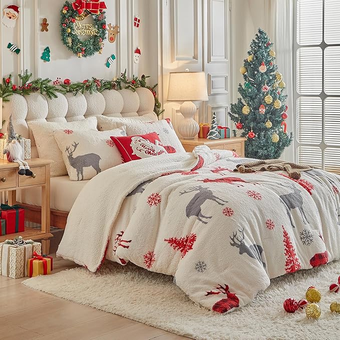 Christmas Sherpa Comforter Set Twin Size 3 Pieces Holiday Winter Bedding Microfiber Warm Fleece Comforter with 2 Pillow Shams - Thanksgiving New Year Gift Choice with Red Snowflake Gray Xmas Deer