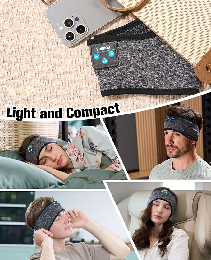 Voerou Sleep Headphones Bluetooth Headband for Women Men, Wireless Sleeping Headphones for Side Sleepers with Ultra-thin Stereo Speakers, Unique Gift for Men Sleeping Yoga Meditation Travel Office Nap
