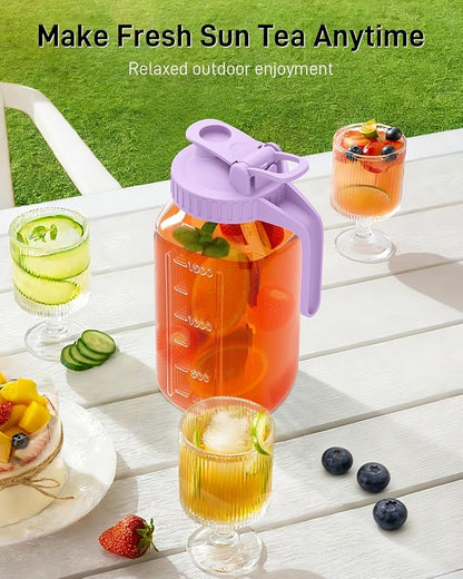 64 oz Glass Pitcher with Lid, Large Wide Mouth Mason Jar with Pour Spout, Purple Sun Tea Glass Jar for Outside, Juice Pitcher Great for Drink, Cold Beverages and Breast Milk