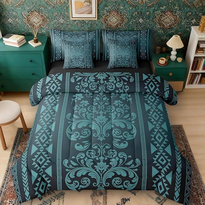 Comforter Set Queen Size, Mint Turquoise Damask Aztec 7 Pcs Bedding for Kids Adults, Antique Decor Western Baroque Gothic Bed Sheet Sets with Fitted Sheet 2 Pillowcases & 2 Shams for Bedroom Bed Decor