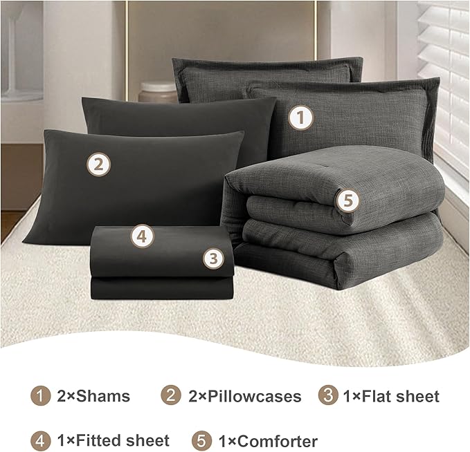 Geniospin Queen Comforter Set - 7 Pieces Comforter Queen Size, Solid Bedding Set for All Season, Textured Bed in a Bag with Flat Sheet and Fitted Sheet, Pillowcases and Shams (Grey, 90''x90'')