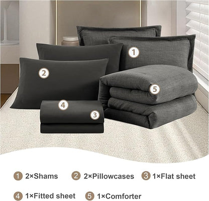 Geniospin Queen Comforter Set - 7 Pieces Comforter Queen Size, Solid Bedding Set for All Season, Textured Bed in a Bag with Flat Sheet and Fitted Sheet, Pillowcases and Shams (Grey, 90''x90'')