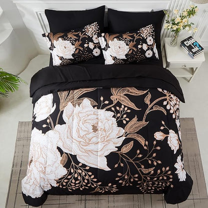 Yogeneg 7 Piece Bed in a Bag Full Size Comforter Set Botanical Floral Bedding Set,White Flower Leaves Printed on Black Reversible Design,Soft Microfiber Comforter with Sheet Set,All Season(Black,Full)