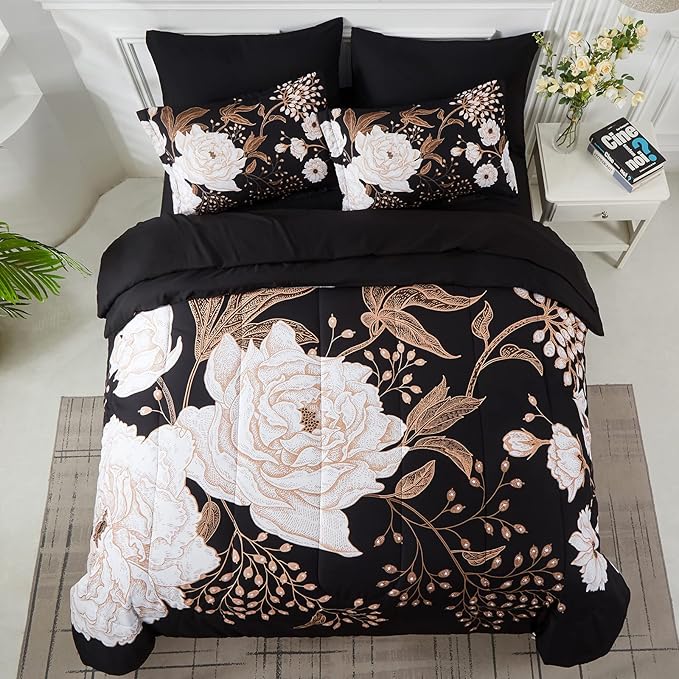 Yogeneg 5 Piece Bed in a Bag Twin Size Comforter Set Botanical Floral Bedding Set,White Flower Leaves Printed on Black Reversible Design,Soft Microfiber Comforter with Sheet Set,All Season(Black,Twin)
