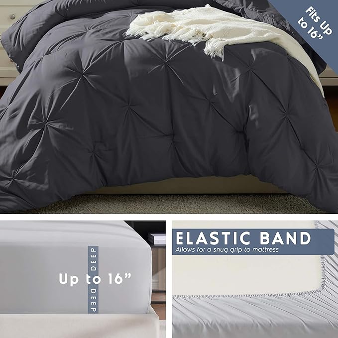 Nestl Twin Comforter Set 5 Piece - Pintuck Twin Bedding Set Dark Grey, College Dorm Room Essentials for Girls and Boys Bed in a Bag Twin All Season, Twin Comforter Set with Sheets, Pillowcase and Sham