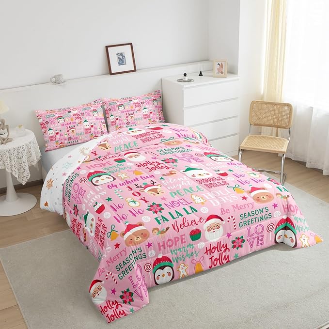Pink Christmas Girls Comforter Set Full Size Cute Santa Claus Penguin Cartoon Bedding Set 3pcs for Kids Boys Women Xmas Decor Wild Animals Deer Quilt Set Pink Fantasy Duvet Insert,2 Pillowcases