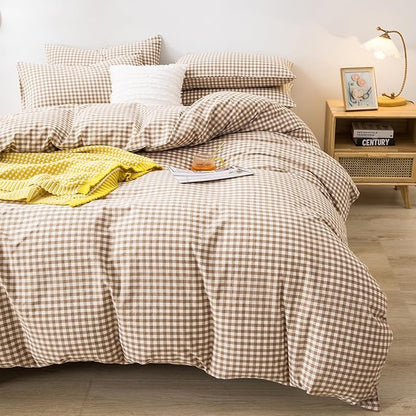 mixinni Tan Gingham Comforter Set Queen, Plaid Comforter Set 3 Pieces 1 Beige Grid Comfoter with 2 Pillow Cases for All Seasons, Soft Fluffy Modern Grid Pattern Printed Bedding-Queen Size