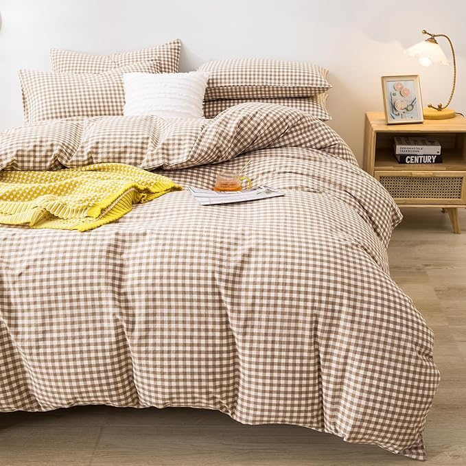 mixinni Tan Gingham Comforter Set Twin XL, Plaid Comforter Set 3 Pieces 1 Beige Grid Comfoter with 2 Pillow Cases for All Seasons, Soft Fluffy Modern Grid Pattern Printed Bedding-Twin XL Size