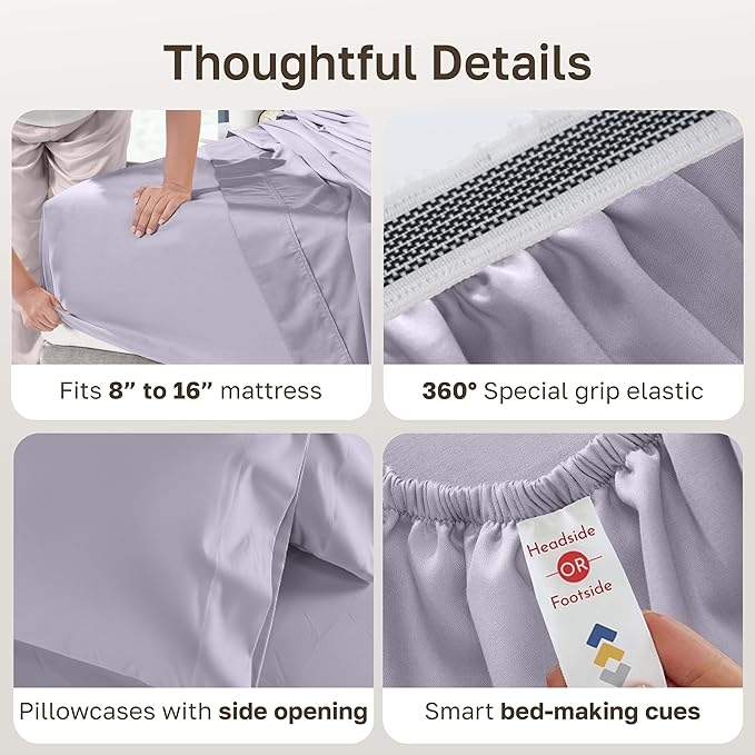 California Design Den King Size Sheets Set - 1000 Thread Count Sateen, Thick and Natural 100% Cotton Bed Sheets King Size, Deep Pockets, Durable Bedding - Lavender Grey