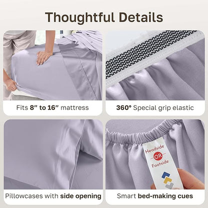 California Design Den King Size Sheets Set - 1000 Thread Count Sateen, Thick and Natural 100% Cotton Bed Sheets King Size, Deep Pockets, Durable Bedding - Lavender Grey