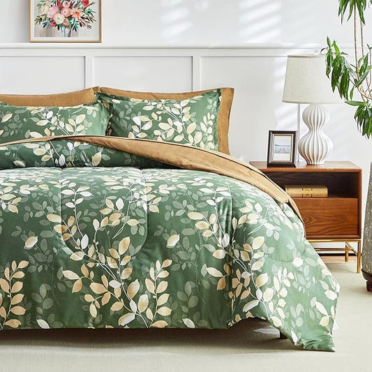 AIKASY 6-Piece Comforter Set Bed in a Bag, Twin Size, Green Leaf Pattern - Bedding Set with Comforter, Pillow Shams, Fitted Sheet, and Pillowcases - Soft and Cozy All-Season Bedding (Green)