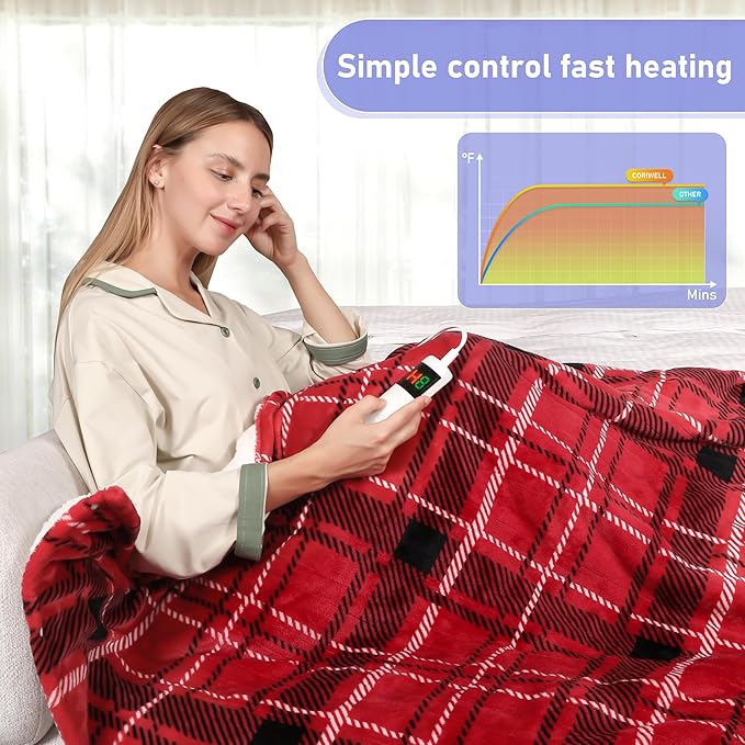 Electric Blanket Heated Throw, Soft Flannel 50"x60" Plaid Heating Blanket with 8 Hours Auto Off 10 Fast Heating Levels Machine Washable Sherpa Heated Blanket with Overheating Protection