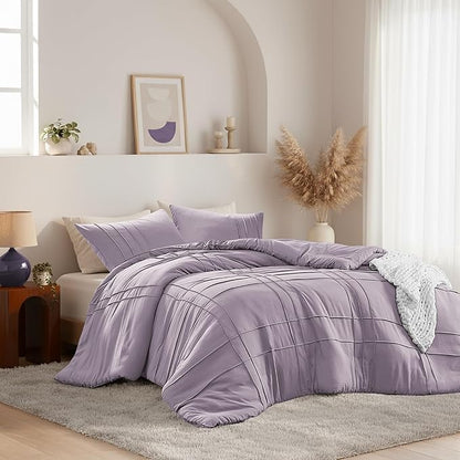 King Size Comforter Set Lavender Purple, 3 Pieces Bedding Set, Ultra Soft Prewashed Bed Set, Pinch Pleat All Seasons Lightweight Comforter and Shams
