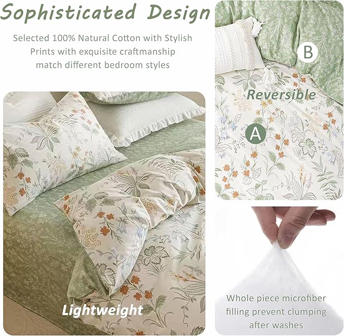 Natural Cotton 3pcs Botanical Comforter Sets Queen Size-Green Comforter with Red & Blue Flowers,Gray Leaves on Off-White, Reversible Lightweight Bedding Sets(Full/Queen)