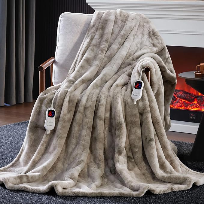 Guohaoi Heated Blanket Electric Throw, Soft Faux Rabbit Fur Electric Blanket with 10 Heating Levels 5 Sitting Timer Auto Off, Dual-Controller Heating Blankets, Machine Washable(90"×100" Light Grey)