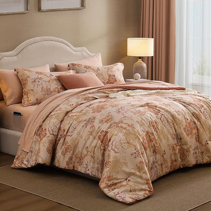 Full Comforter Set -7 Pieces Terrecotta Floral Comforter Set for All Seasons, Bed in a Bag Full with Botanical Flowers Comforter, Sheets, Pillowcases & Shams