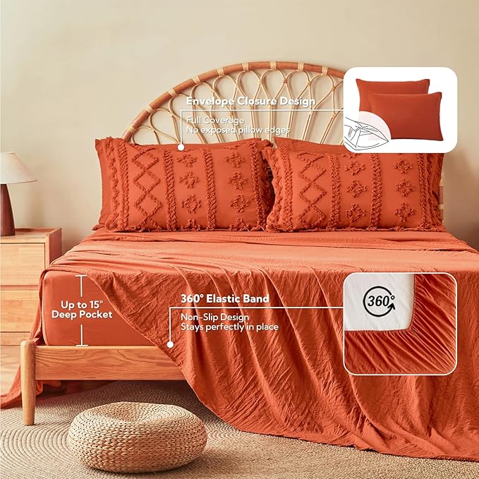 MR&HM Twin XL Comforter Set, Terracotta 5 Pieces Tufted Boho Beddding Sets, Farmhouse Style Bed in a Bag with 1 Comforter, 1 Pillow Sham, 1 Pillowcase, 1 Flat Sheet, 1 Fitted Sheet for College Dorm