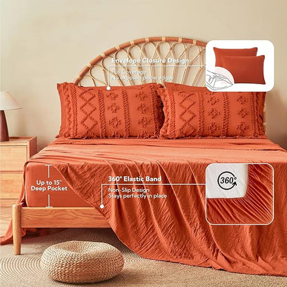MR&HM Twin XL Comforter Set, Terracotta 5 Pieces Tufted Boho Beddding Sets, Farmhouse Style Bed in a Bag with 1 Comforter, 1 Pillow Sham, 1 Pillowcase, 1 Flat Sheet, 1 Fitted Sheet for College Dorm