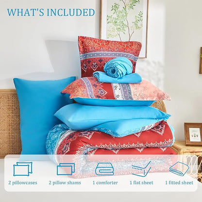 Coral Pink King Size Comforter Set Boho - 7 Pieces Floral Striped Comforter and Sheet Set, Soft Bed in a Bag Complete Bedding Sets for All Season(Coral Pink, King)