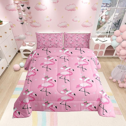 Merry Christmas Pink Bed Comforter Set Queen Size,Red Birds Wild Animal Super Soft Microfiber Bedding Set for Adults Teens,Flamingo Comforter Set,2 Pillowcases