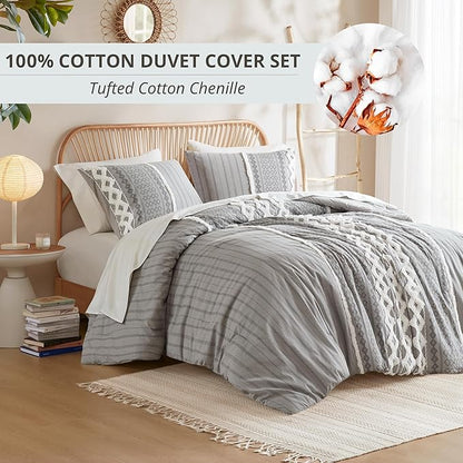 INK+IVY Imani 100% Cotton Duvet Mid Century Modern Design, All Season Comforter Cover Bedding Set, Matching Shams, King/Cal King, Gray Chenille Tufted Accent 3 Piece