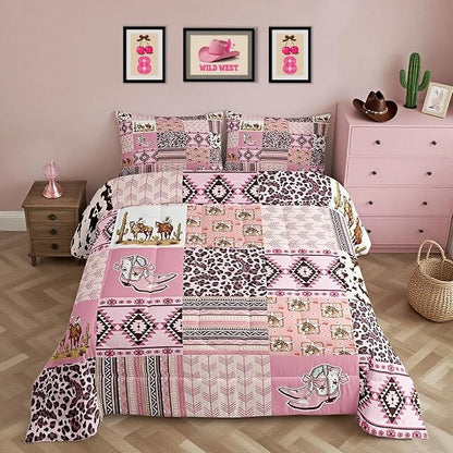 Feelyou Pink Aztec Bedding Set Twin Size, Kids Western Decor Comforter Set Wild West Cowboy Cowgirl Comforter Boho Style Duvet Insert Bed Set 2Pcs