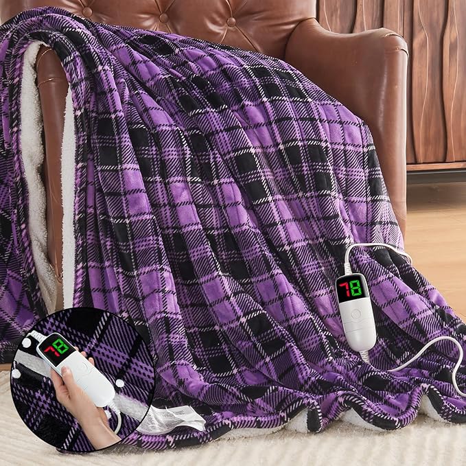 Purple Heated Blanket Electric Throw, 50X60 Heating Throw with 10 Heating Levels & 8 Hours Auto Off, Purple Gifts Sherpa Blanket Warmer for Couch Bed Office, Gifts for Mom Women Grandma Home Decor