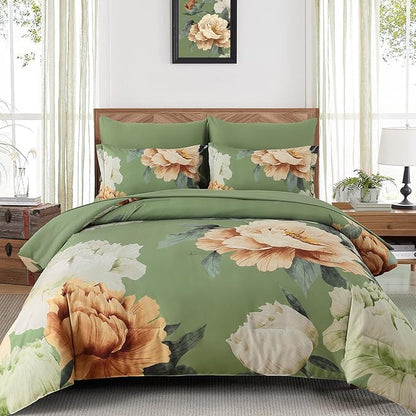 Dobuyly King Size Comforter Set 7 Piece Bed in a Bag, Olive Green Floral Comforter Set with Sheets, Soft Microfiber Botanical Flower Bedding Set for All Season