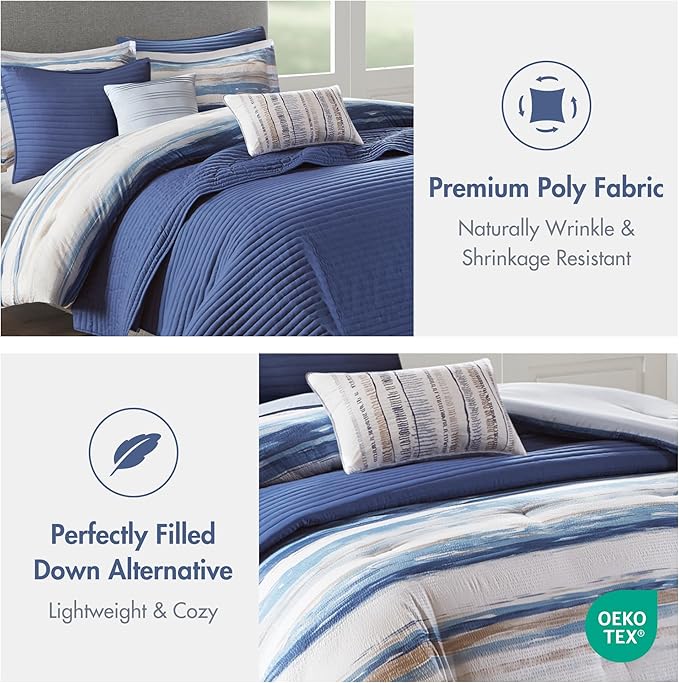 Madison Park Marina Comforter Quilt Combo Set - Modern Luxury Design, All Season Down Alternative Bedding, Matching Shams, Decorative Pillows, Full/Queen(90"x90"), Seersucker Blue 8 Piece