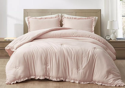 Chezmoi Collection Nora Blush Comforter Set Ovesized King 3-Piece Fluffy Soft Stone-Washed Ruffled Shabby Chic Bedding for All Season