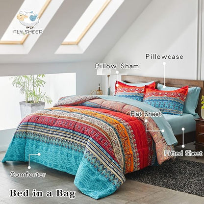 Flysheep Boho Striped Bed in a Bag 7 Pieces King Size, Colorful Bohemian Tribal Teal Blue Red Reversible Bed Comforter Set(1 Comforter, 1 Flat Sheet, 1 Fitted Sheet, 2 Pillow Shams, 2 Pillowcases)