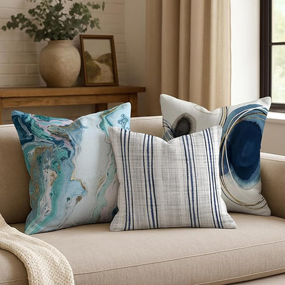 Americanflat 18x18 Throw Pillow with Sewn-in Insert - All-in-One Decorative Pillows - No Cover Needed - Soft and Durable Cushion for Bed or Sofa - Polyester - Navy Blue and White
