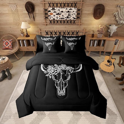 Erosebridal Bull Skull 7 Piece Bedding Set Queen Bohemian Comforter Set with Sheets Simple Line Drawing Bull Head Aztec Bed in a Bag Rose Leaf Print Black White for Teens Men Women