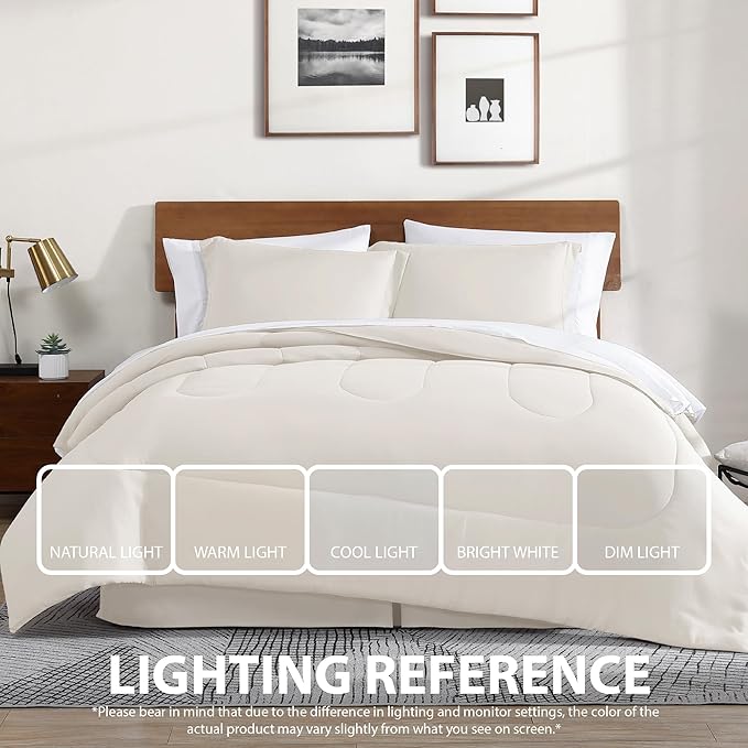 Cathay Home Basic Bedding Home Essential Ultra Soft Lightweight 8PC Wrinkle Resistant Microfiber Bed in a Bag Set (Includes Complete Sheet Set, Comforter Set & Bedskirt) - Queen, Coconut Milk