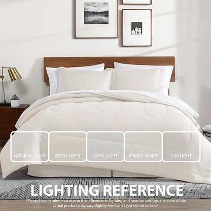 Cathay Home Basic Bedding Home Essential Ultra Soft Lightweight 8PC Wrinkle Resistant Microfiber Bed in a Bag Set (Includes Complete Sheet Set, Comforter Set & Bedskirt) - Queen, Coconut Milk