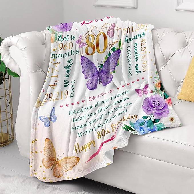 ZWERIVP 80th Birthday Gifts for Women, Best Present for 80 Year Old Woman Birthday, 1946 Present for Women Mom, Happy 80yr Bday Gifts Ideas, 80th Woman Bday Decorations Throw Blanket 50"X60"