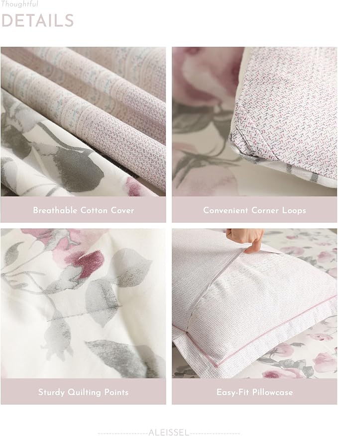 Vintage Cotton 3pcs Floral Comforter Sets King Size - Dusty Rose & Soft Gray Foliage on White, Blush French Striped Patchwork Reverse, Neutural Lightweight Bedding Sets(King 104"×90")