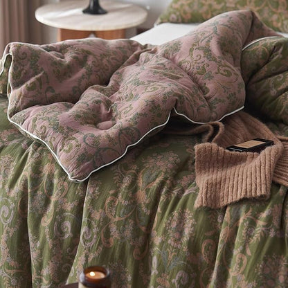 MKXI Floral Linen Comforter Set Twin XL Army Green Vintage Paisley Comforter Bedding for Neutral Bedroom Rich Rust Jacquard Floral Bed Comforters for Boys Cotton Yarn-Dyed Textured Soft Lightweight
