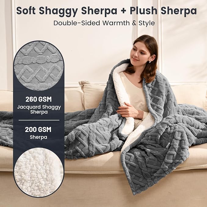 Electric Blanket Twin - 62"x84" Sherpa Heated Blanket with 9 Heating Levels & 1-10 Hours Auto Off, Fast Heating, Overheat Protection, Soft Heating Blanket for Home, Grey