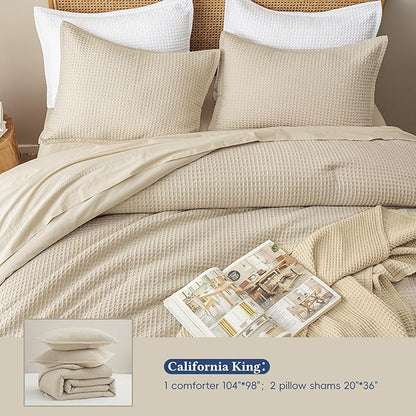 David's Home Waffle Weave Comforter Set 3PCS California King Size, Soft Breathable Lightweight Skin-Friendly Warm for All Season, Elegant Aesthetic Home Decor Bedding Set with Pillow Shams, Linen
