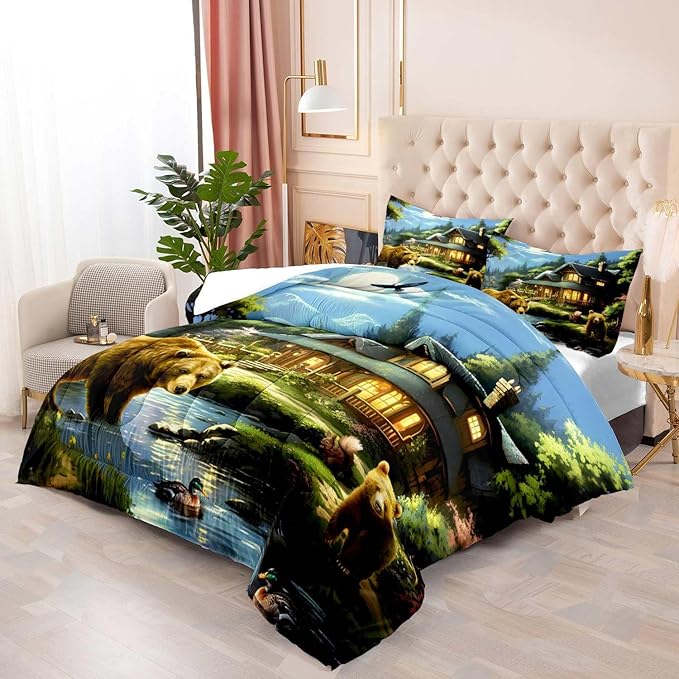 LUVIVIHOME 2PCS Cute Bear Comforter Set Twin Size, Mallard Duck Deer Squirrel Lake Woodland Forest Animal Wildlife Country Lodge Rustic Farmhouse Cabin Bedding Sets for Kids Boys Girls, 1 Pillow Sham