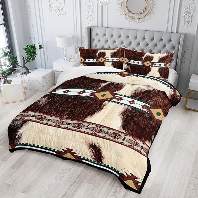 Bohe Cowhide Comforter Set, King Size, Brown and White Fur, Animal Print Bedding Sets 3PCS, Soft Microfiber, All Season (1 Comforter & 2 Pillowcases)