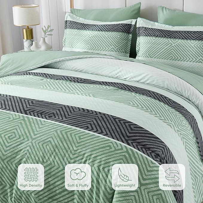 Drucon Sage Green Comforter Set Queen Size 7 Piece Bed in a Bag Boho Striped Bedding Set Soft Microfiber Comforter and Sheet Set for All Season (Queen, 90"x90")